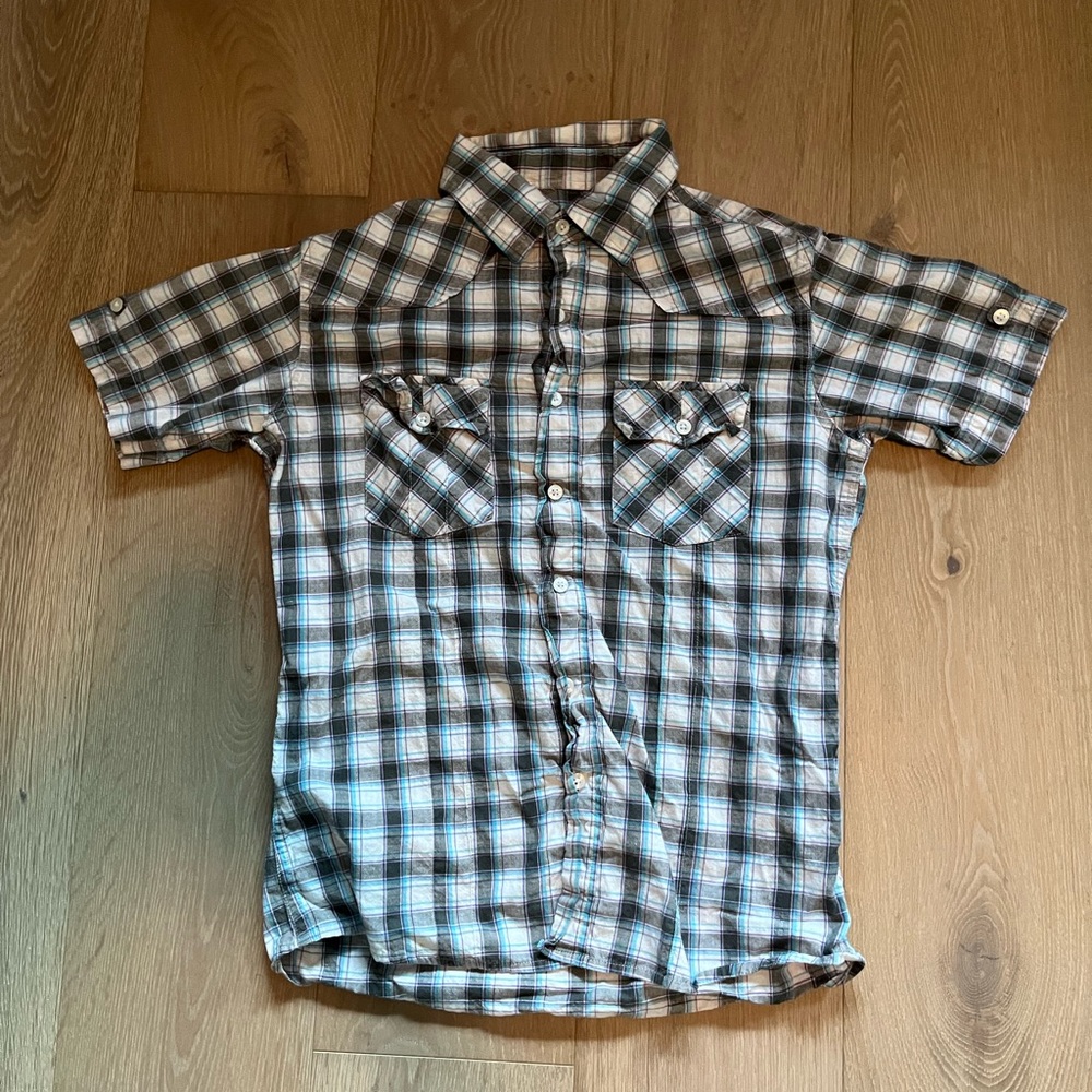 Vintage “green blue white” plaid counter intelligence button up